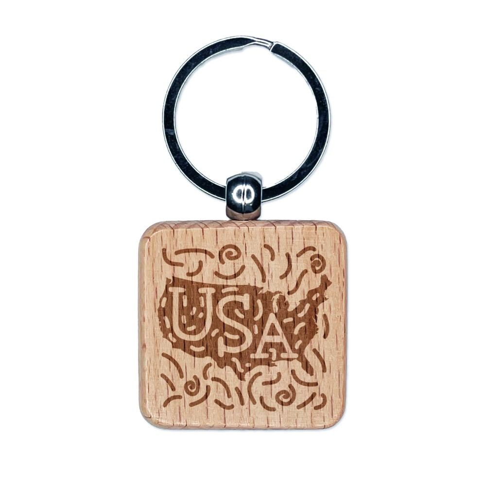 USA Wood Keychain with Engraved Text Swirls - Patriotic Gift Idea