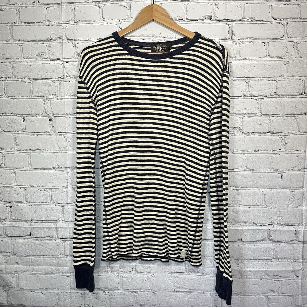 Vintage RRL Double RL Waffle Knit Ribbed Striped Shirt Womens Size Small Blue