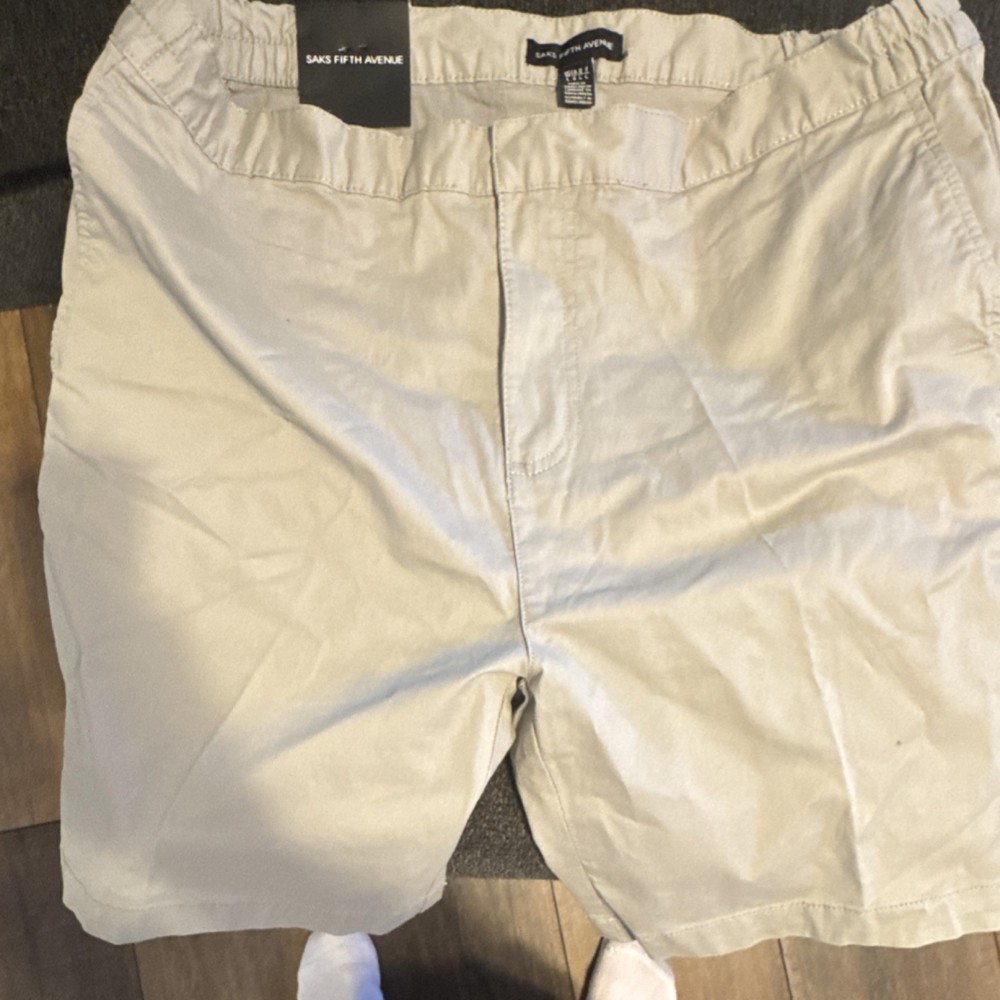 Saks Fifth Avenue Men's Chino Shorts Beige Flat Front Drawstring Pockets