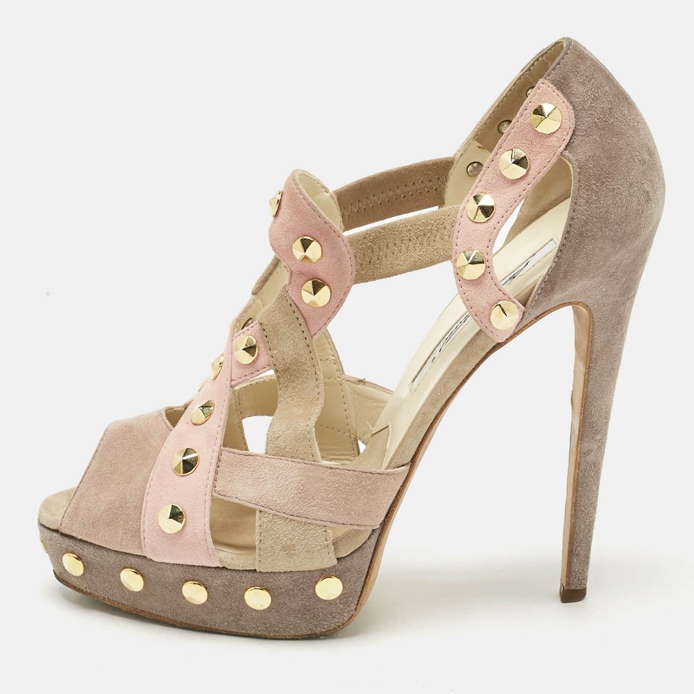 Brian Atwood Beige Cut Out Studded Suede Peep Toe Platform Sandals Size 39