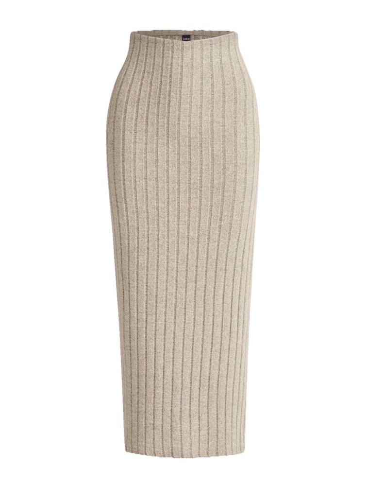 Women’s Apricot Color Solid Ribbed Knit Pencil Maxi Skirt Large