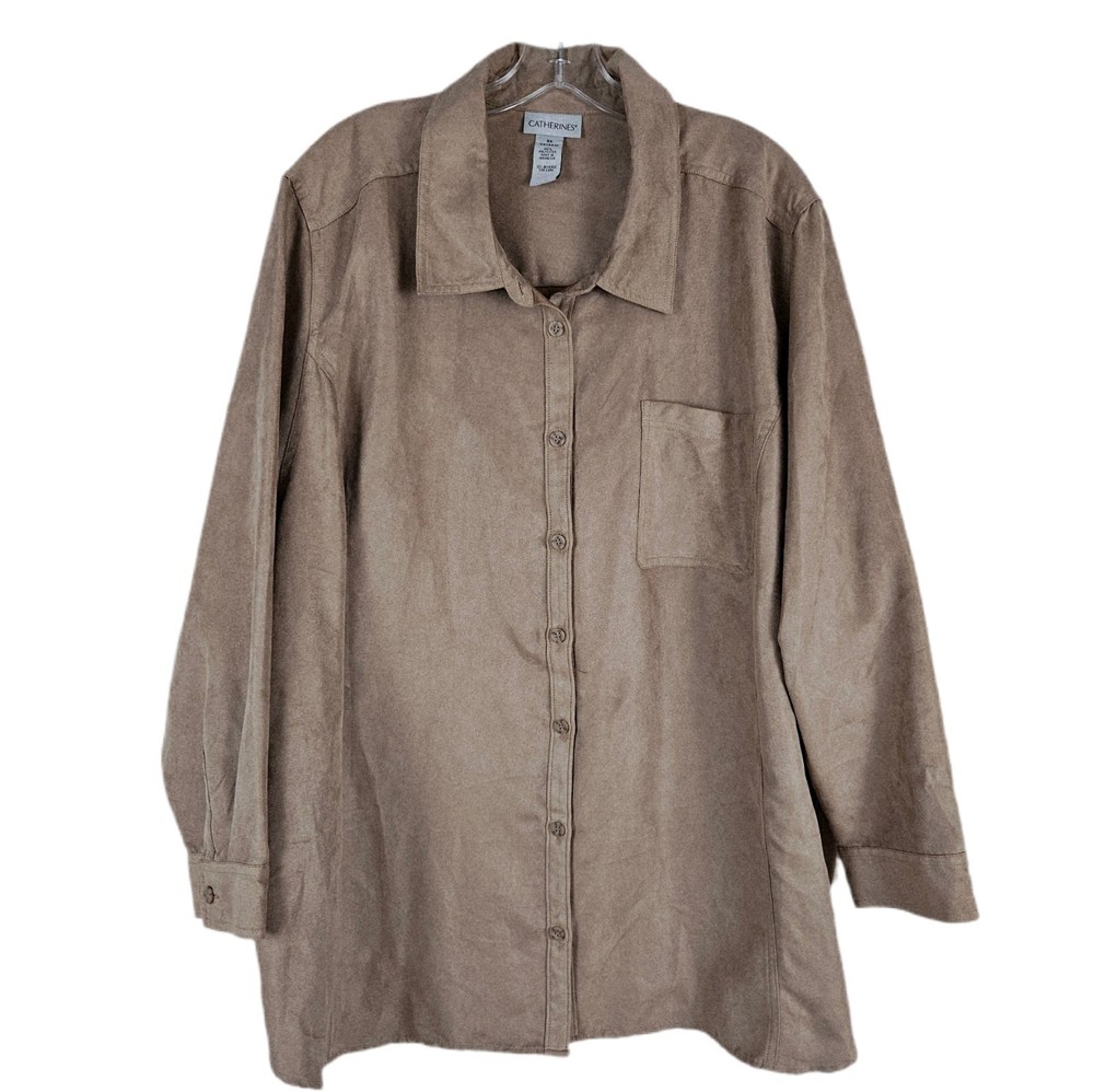 Catherines Womens 3x Shirt Button Up Long Sleeve Faux Suede Microfiber Tan Beige