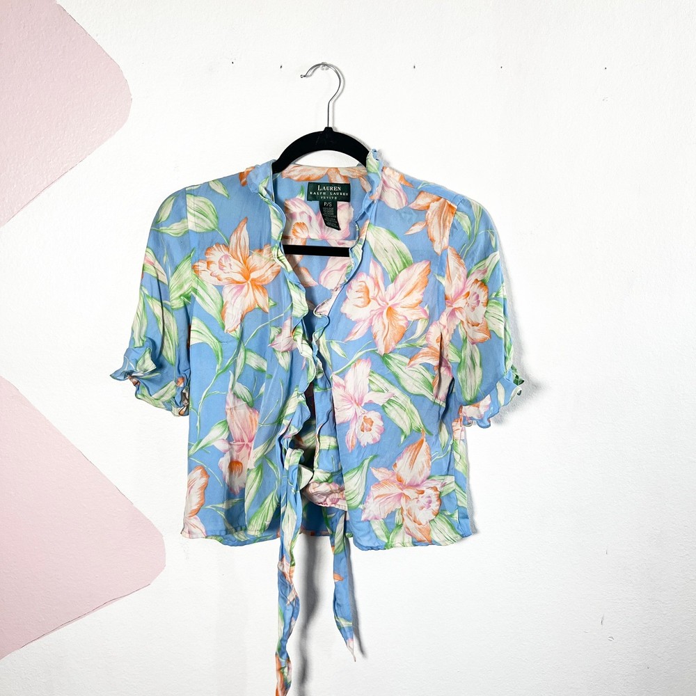 Lauren Ralph Lauren 100% Silk Floral Wrap Blouse Tropical Top Women's Size Small