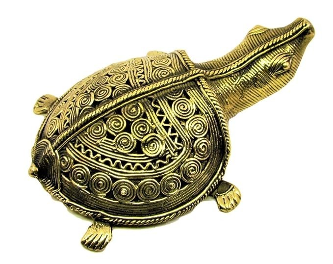 Dhokra Art Brass Tortoise Statue Netted Shell Design Heavy 490g Vastu Decor