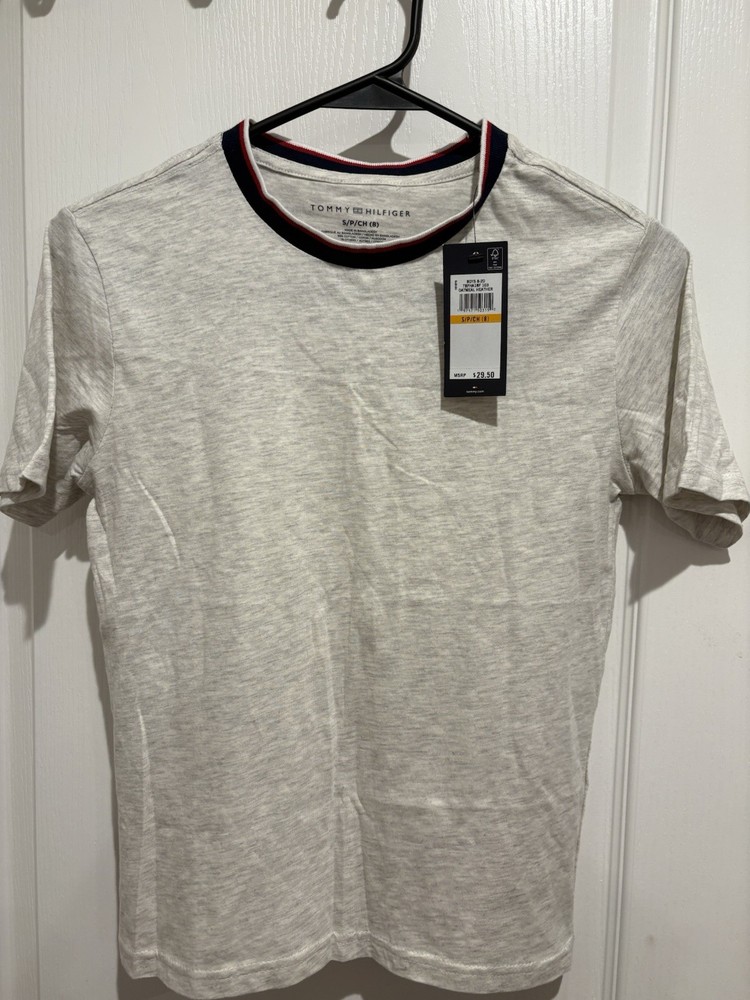 Tommy Hilfiger Boy’s Gray Solid Cotton Logo Crew Neck T-Shirt Short Sleeve S