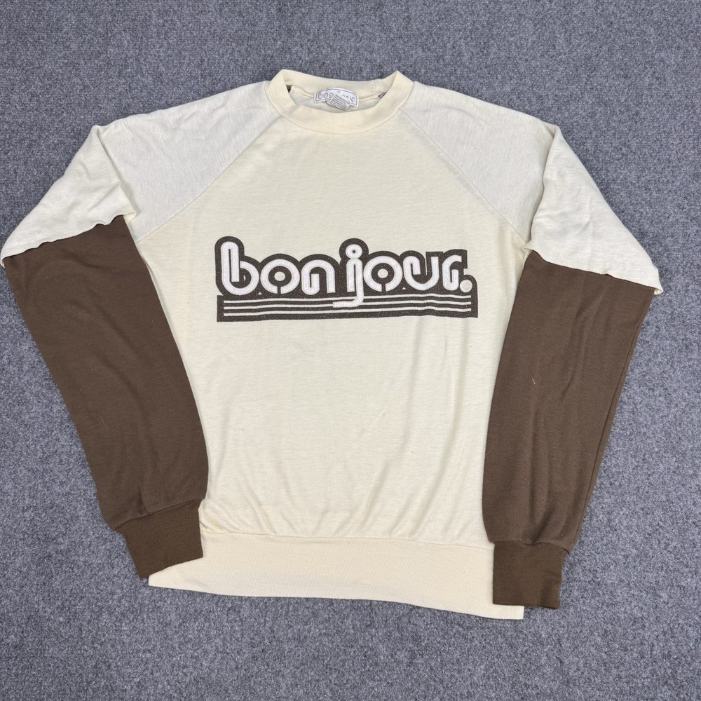 Vintage Bonjour Medium Raglan Tee White 70-80s French Graphic