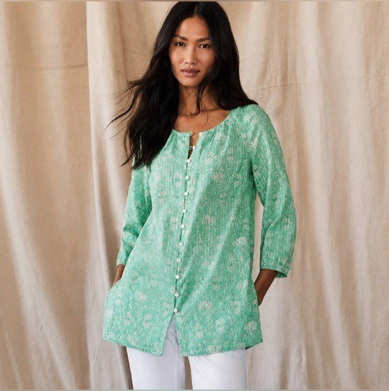 J. Jill Pure Jill Shirt Women Medium Button Front Tunic Aqua Vines Indian Cotton