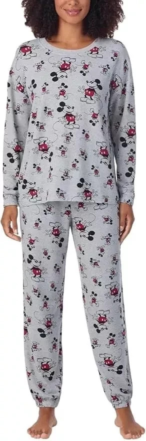Disney Womens 2 Piece Cozy Pajama Set Mickey Mouse Gray, Long Sleeves ,Size L