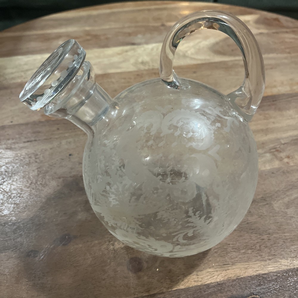 Cambridge Rose Point Ball Shaped Tilt Decanter w/ Stopper Oil Bottle 7.5” Tall