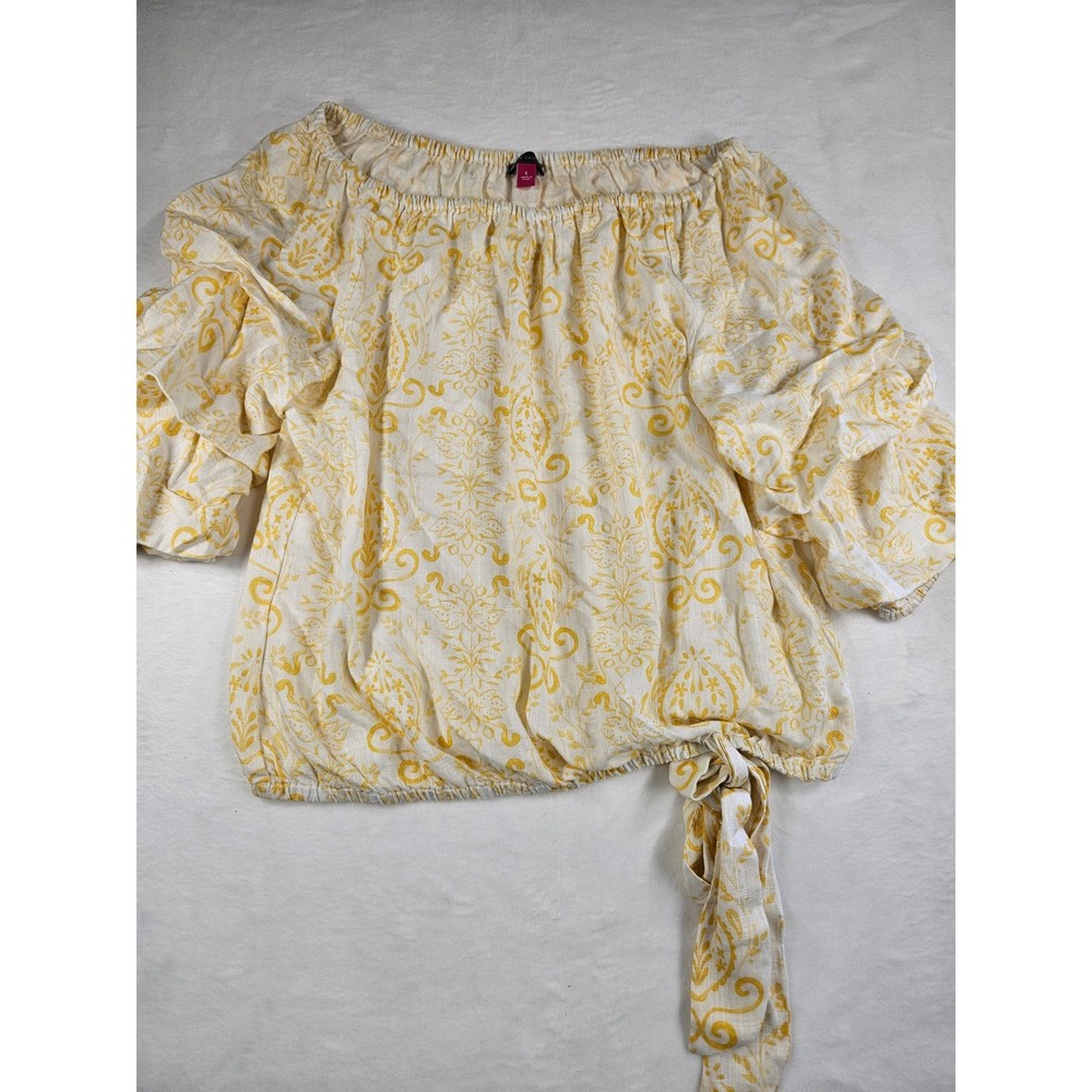 Vince Camuto Yellow Damask Off Shoulder Ruffle Tie Hem Blouse Large 91225B171