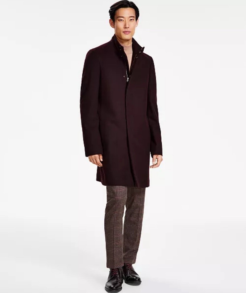 Calvin Klein Men's Mayden Slim-Fit Wool Blend Overcoat 38S Maroon