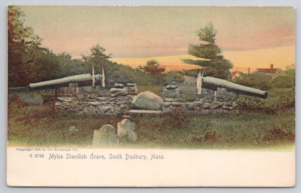 1906 Myles Standish Grave Duxbury MA Postcard Rotograph Cannons Monument