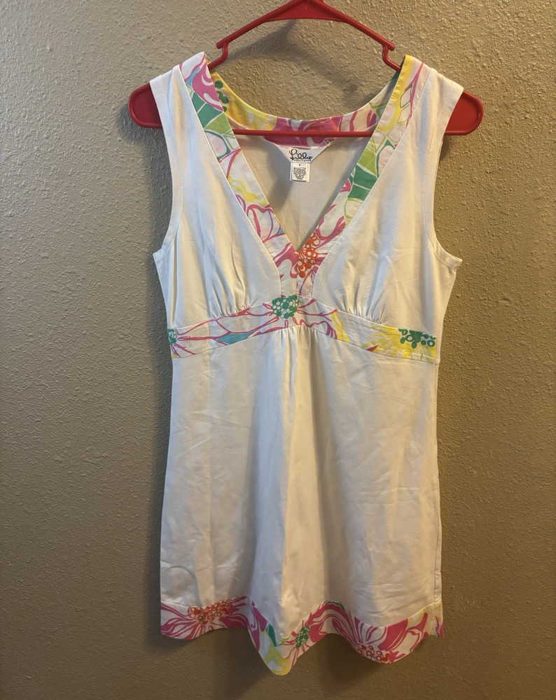 Lilly Pulitzer White Floral Trim Shift Dress Jersey Stretch V-Neck  Size Small