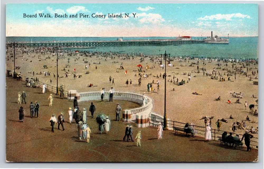 Coney Island New York~Air View Boadwalk Beach & Pier~Vintage Postcard