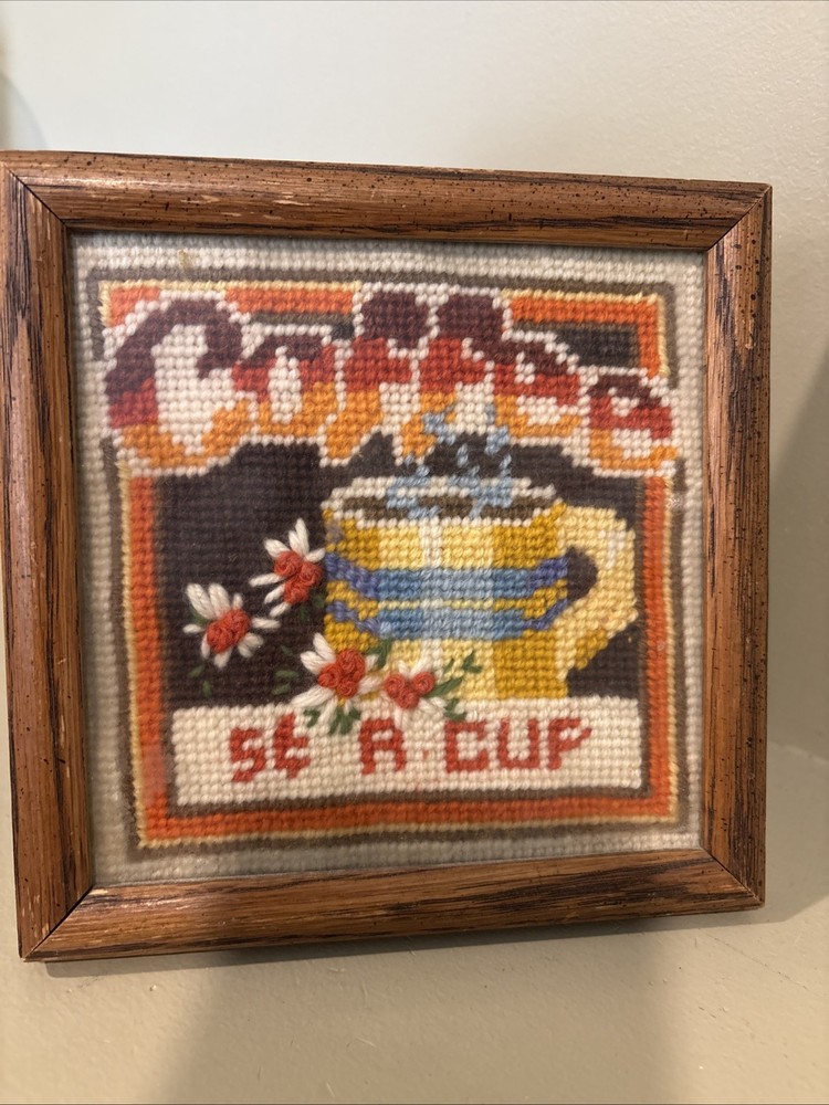Framed Needlepoint Coffee $0.05 A Cup Vtg Cross Stitch