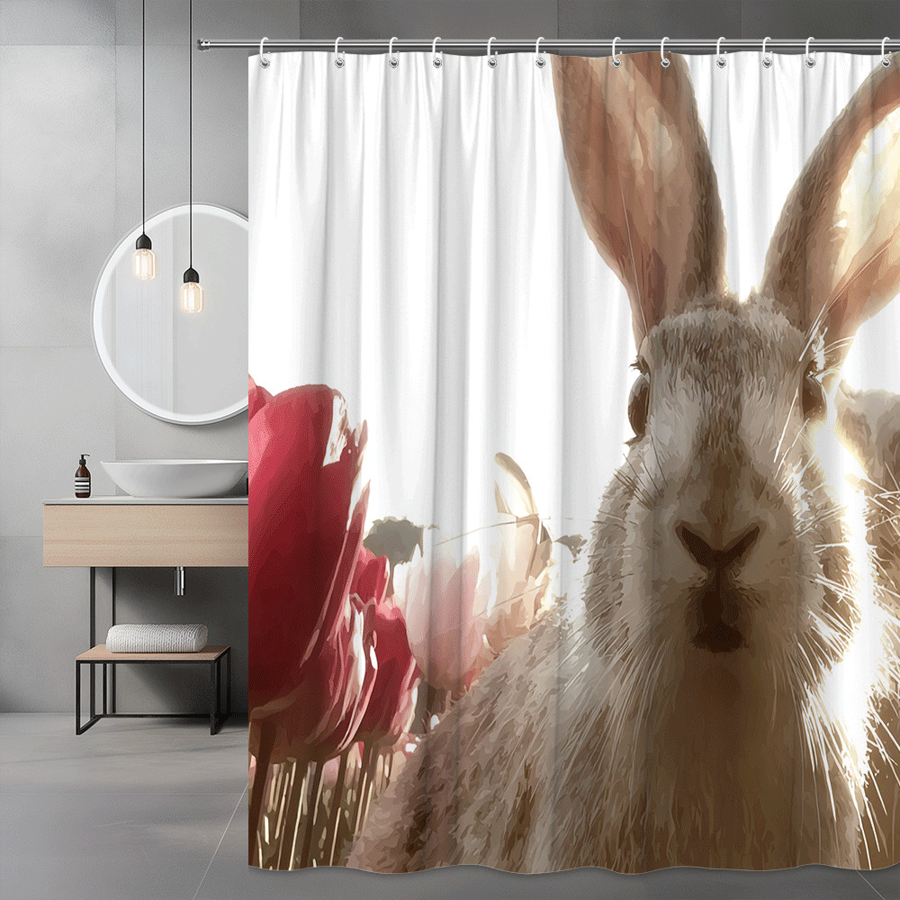 Rabbit and Tulips Shower Curtain, Floral Animal Print