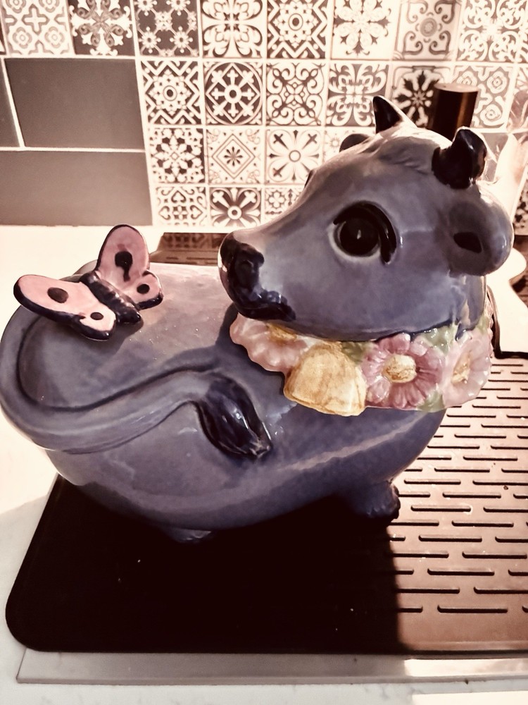 Rare Vintage •• Metlox Poppytrail Pottery •• Purple Cow + Butterfly Cookie Jar