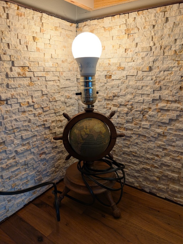 Vintage 1970s Small Wooden Globe Lamp World Earth Map Nautical Decor Working