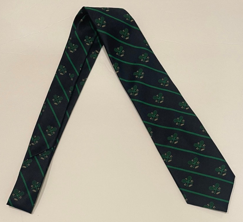 Designs by Anthony Navy Blue Green Striped Tennis Racket Crest Country Club Tie