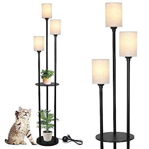 Floor Lamp with Shelves, Modern Floor Lamps for Living Room, Black-Fabric Shade