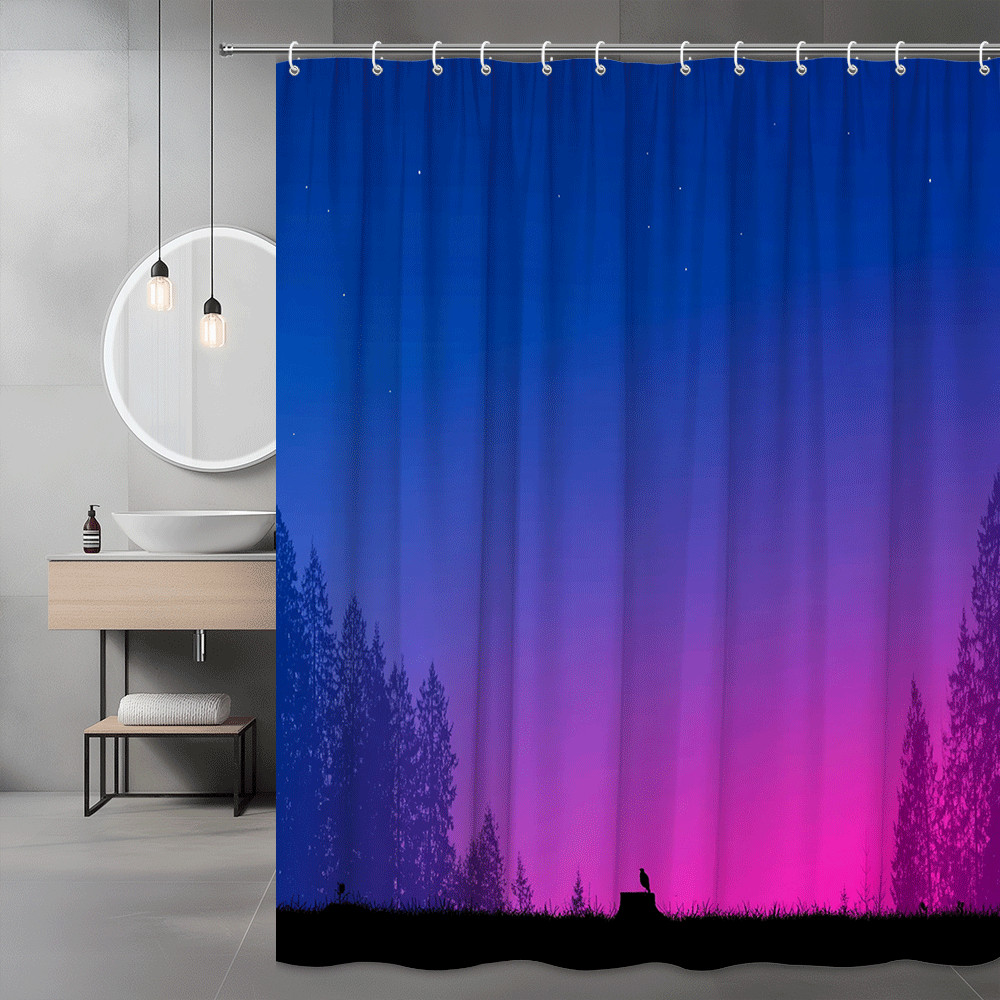 Night Sky Forest Shower Curtain Blue Pink Gradient