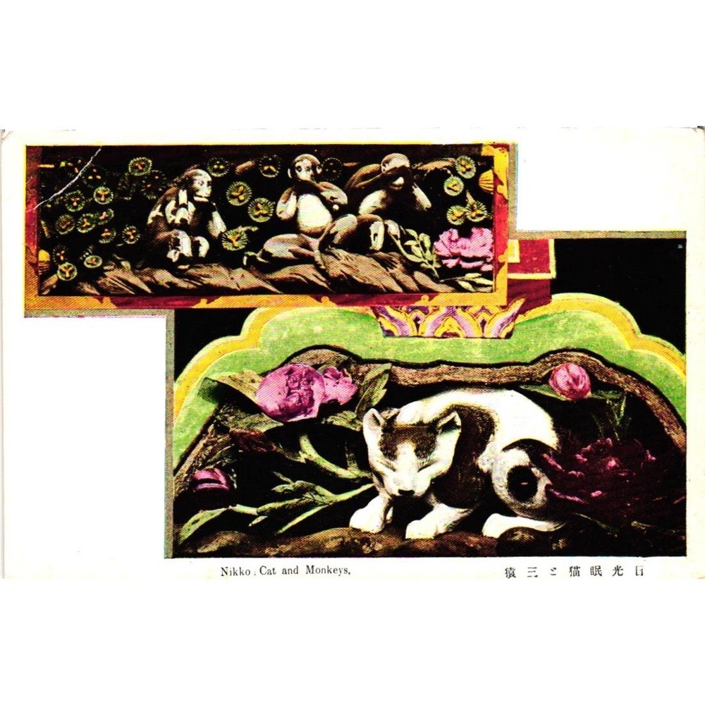 Vintage Nikko Japan Postcard Three Wise Monkeys Sleeping Cat Toshogu Shrine Art