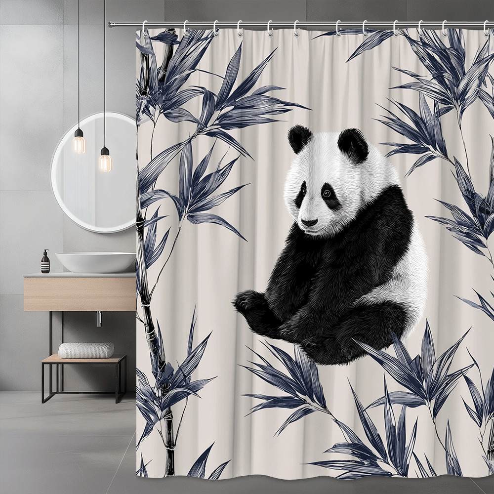 Panda Shower Curtain Blue Bamboo Leaf Print Animal Decor