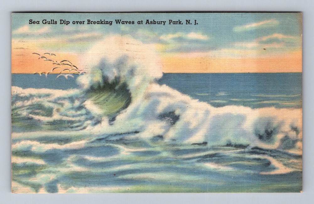 Asbury Park NJ-New Jersey Sea Gulls Over Breaking Waves Vintage c1947 Postcard