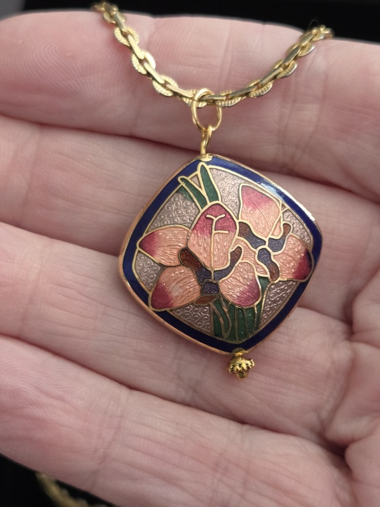 Vintage PUFFY CLOISONNE ENAMEL PENDANT Necklace Orange Lotus Flower Double Sided