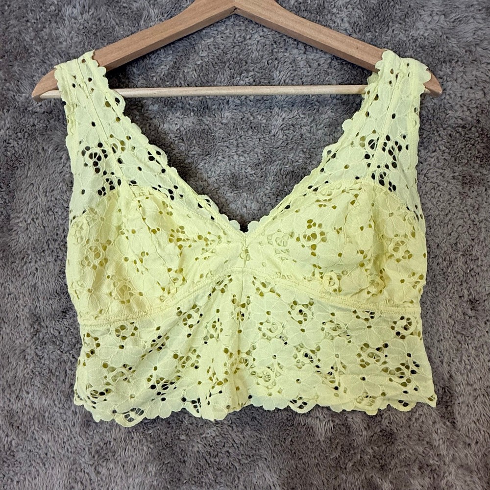 Aerie Butter Yellow Eyelet Lace Crop Tank Top Bustier V Neck XL Extra Large