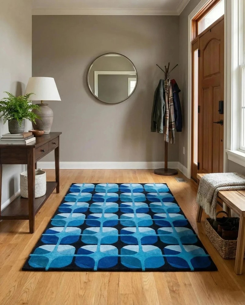 Scandinavian Geometric Area Rug – Modern Blue Mid Century Abstract Grid Rug 6x9