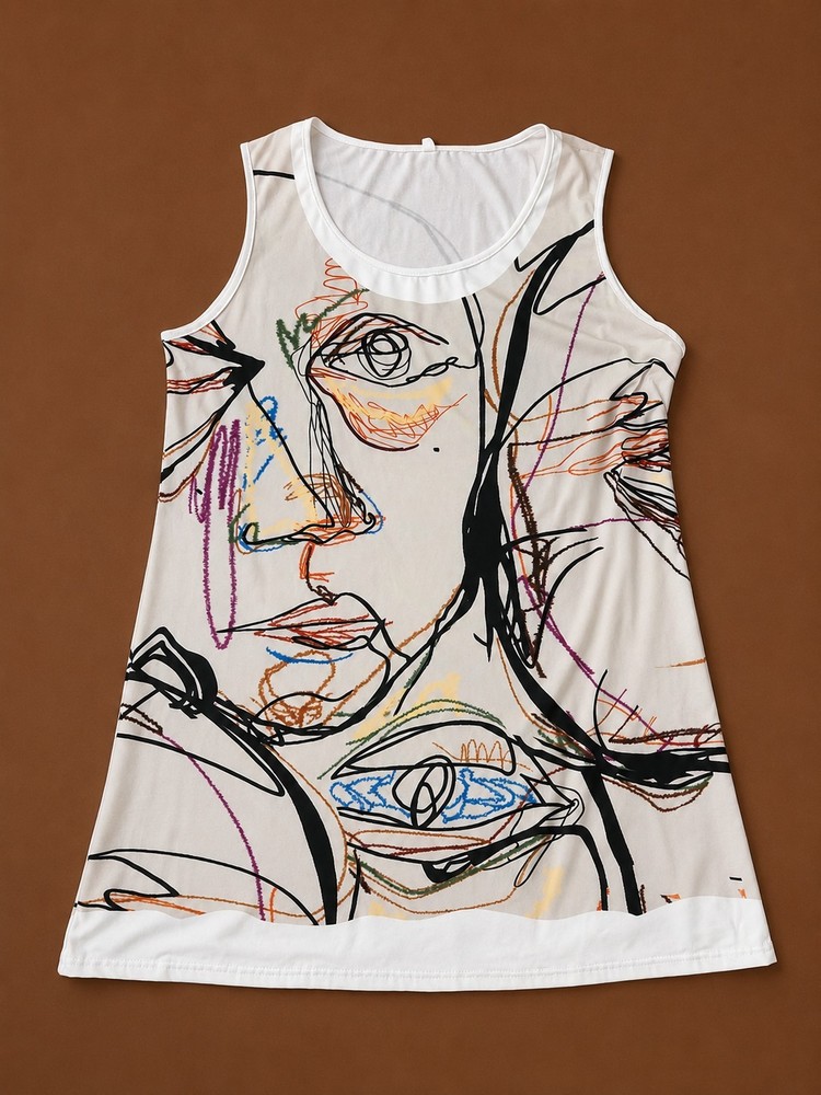 Women's White Scoop Neck Sleeveless Pullover Tank Top Abstract Art Graphic Print-image