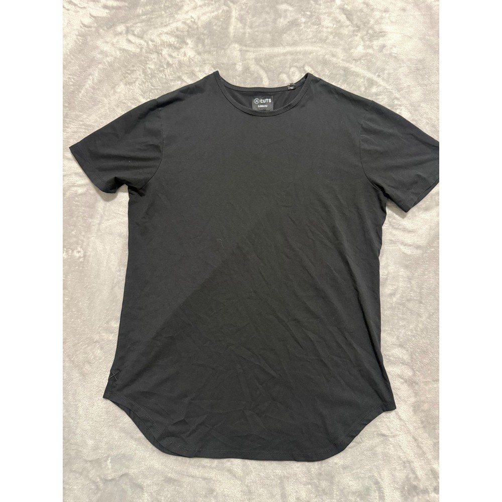 Cuts Elongated T-Shirt Mens Large Black Curved Hem Short Sleeve Crewneck