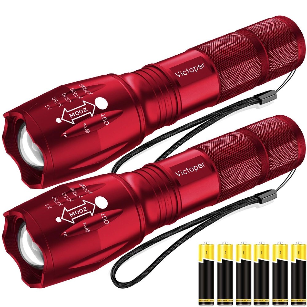 Tactical LED Flashlight 2 Pack 2000 Lumens Bright Red Light