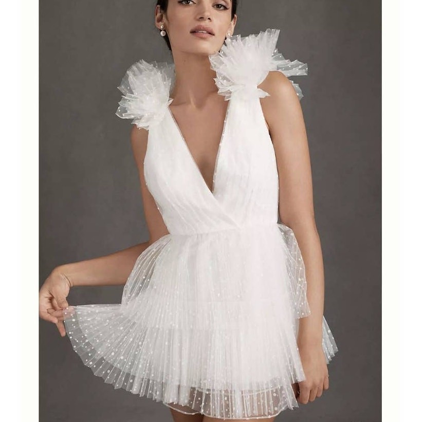 ML Monique Lhuillier Perrie Tiered Shoulder-Ruffle V-Neck Mini Dress Size 10 NWT