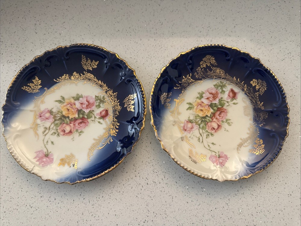 Vintage Royal Bavaria Germany 2 Bread Plates - Cobalt W/ Roses Gold Trim