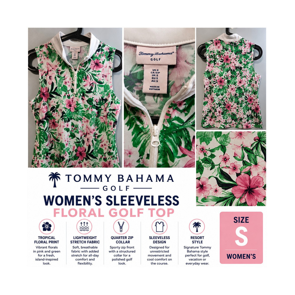 Tommy Bahama Golf Women’s S Sleeveless Floral Tropical Quarter Zip Polo Stretch