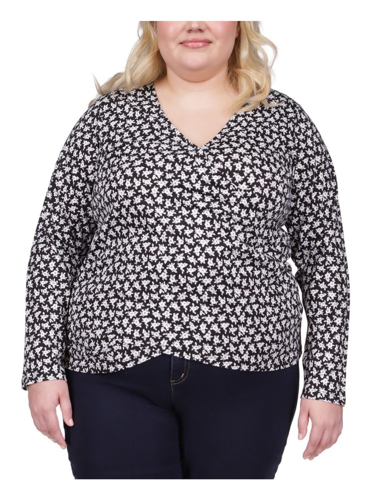 MICHAEL KORS Womens Black Long Sleeve Surplice Neckline Faux Wrap Top Plus 2X