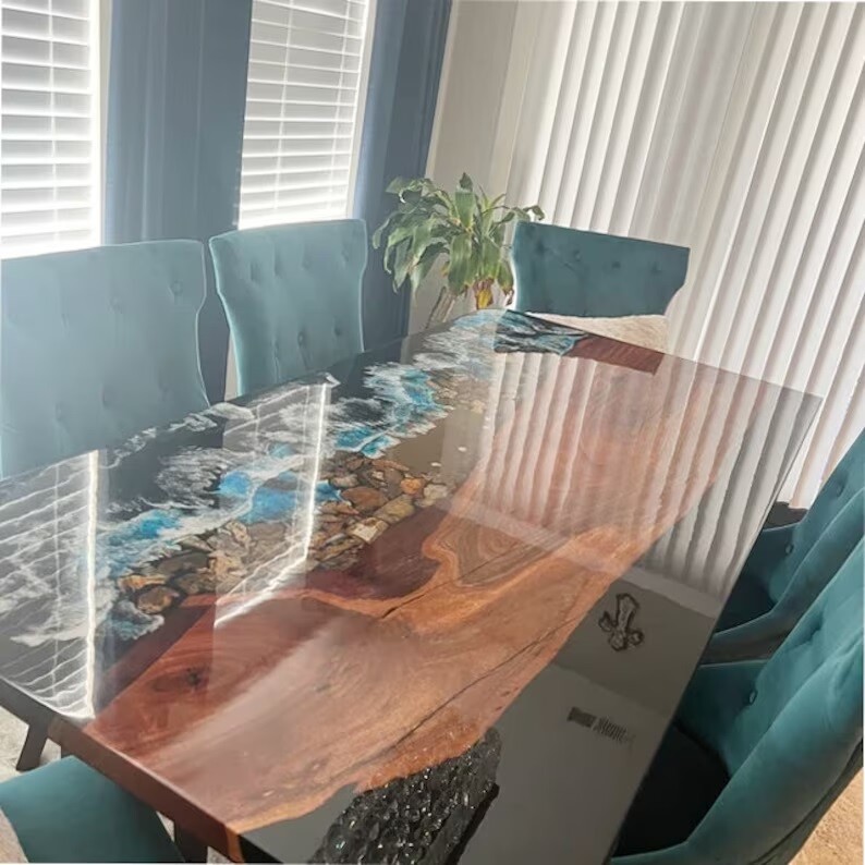 Handmade Ocean Beach Epoxy Acacia Wood Table Top for Stylish Furniture Decor  