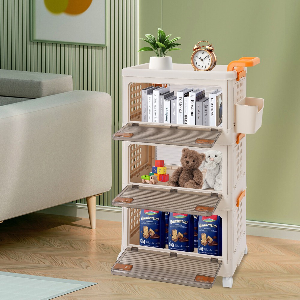 3-Tier Foldable Storage Cabinet with Wheels Collapsible Organizer Bin US