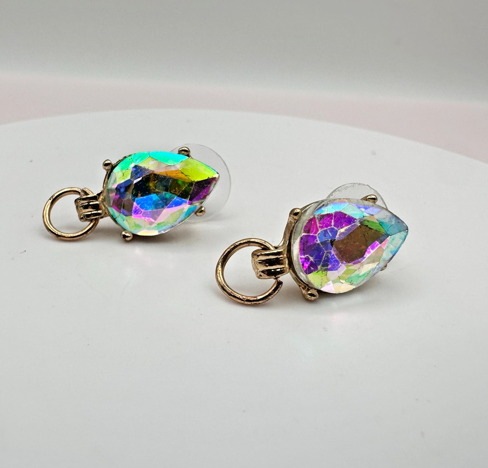 Vintage Y2K Teardrop Rhinestone Iridescent Gold Tone Stud Earrings Jewelry