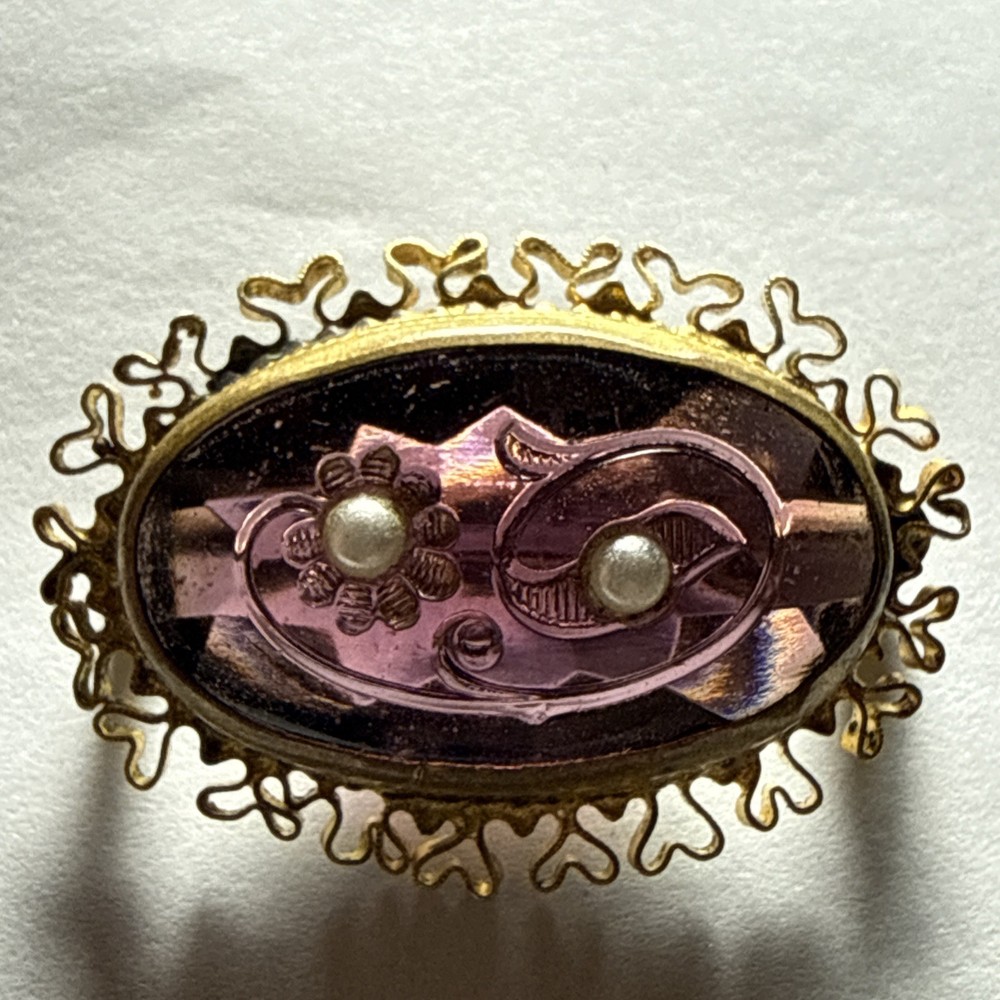 Pin Brooch Victorian Purple Glass Seed Pearls 100 Years old Small 1.25” Antique
