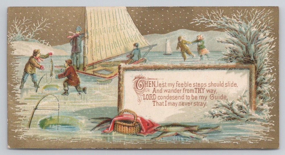 Vintage Religious Poem Postcard Winter Ice Skating Fishing Scene