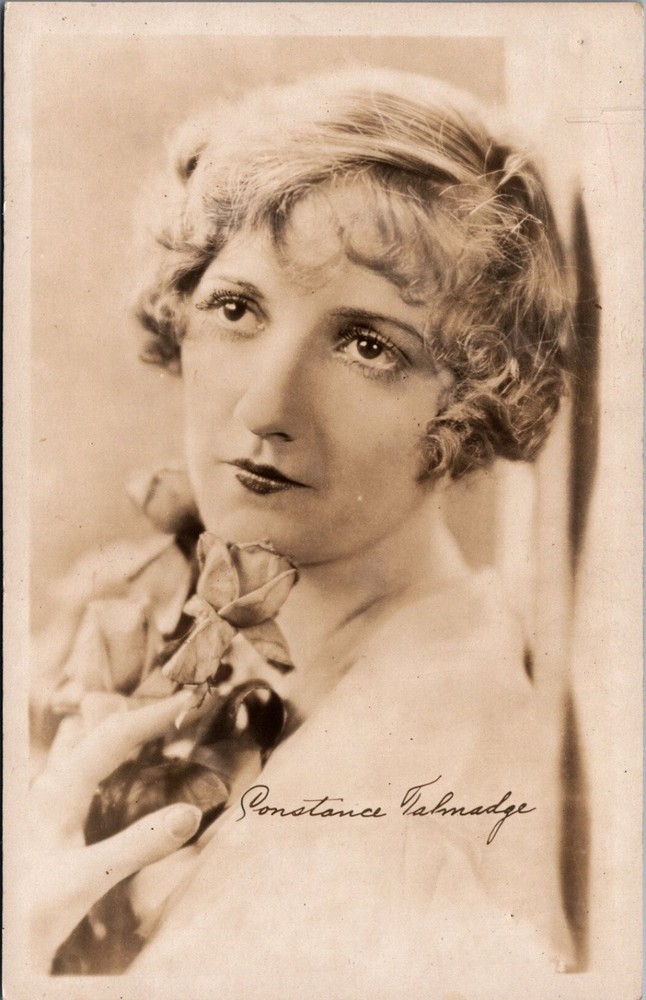 Constance Talmadge Silent Film Star RPPC Postcard Portrait w/ Rose 1910s-20s