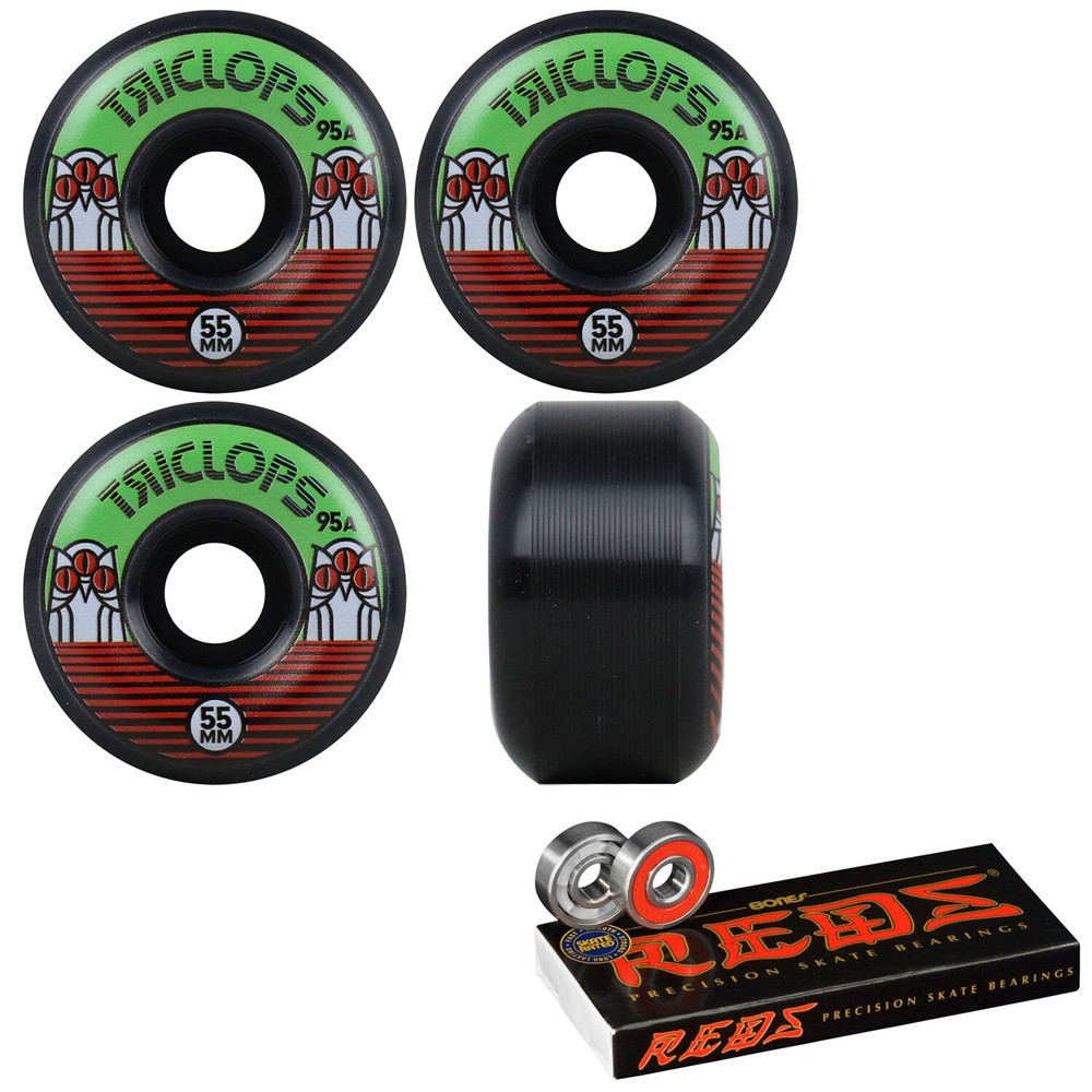 Triclops Skateboard Wheels Night Riders 55mm 95A with Bones Reds Bearings