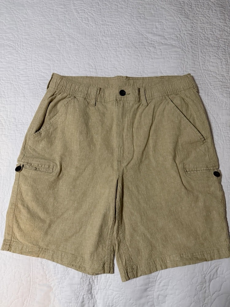 St. Johns Bay Mens Cargo Shorts 38 Tan Pockets Linen Blend Casual Hiking VGUC