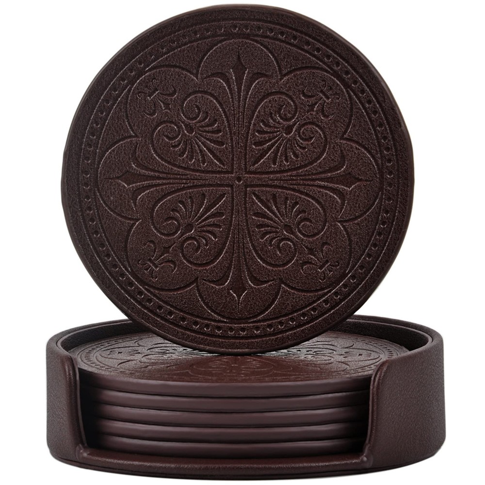 Drink Coasters,PU Leather Bar Beer Beverage Coasters for Drinks Set of 6 with...
