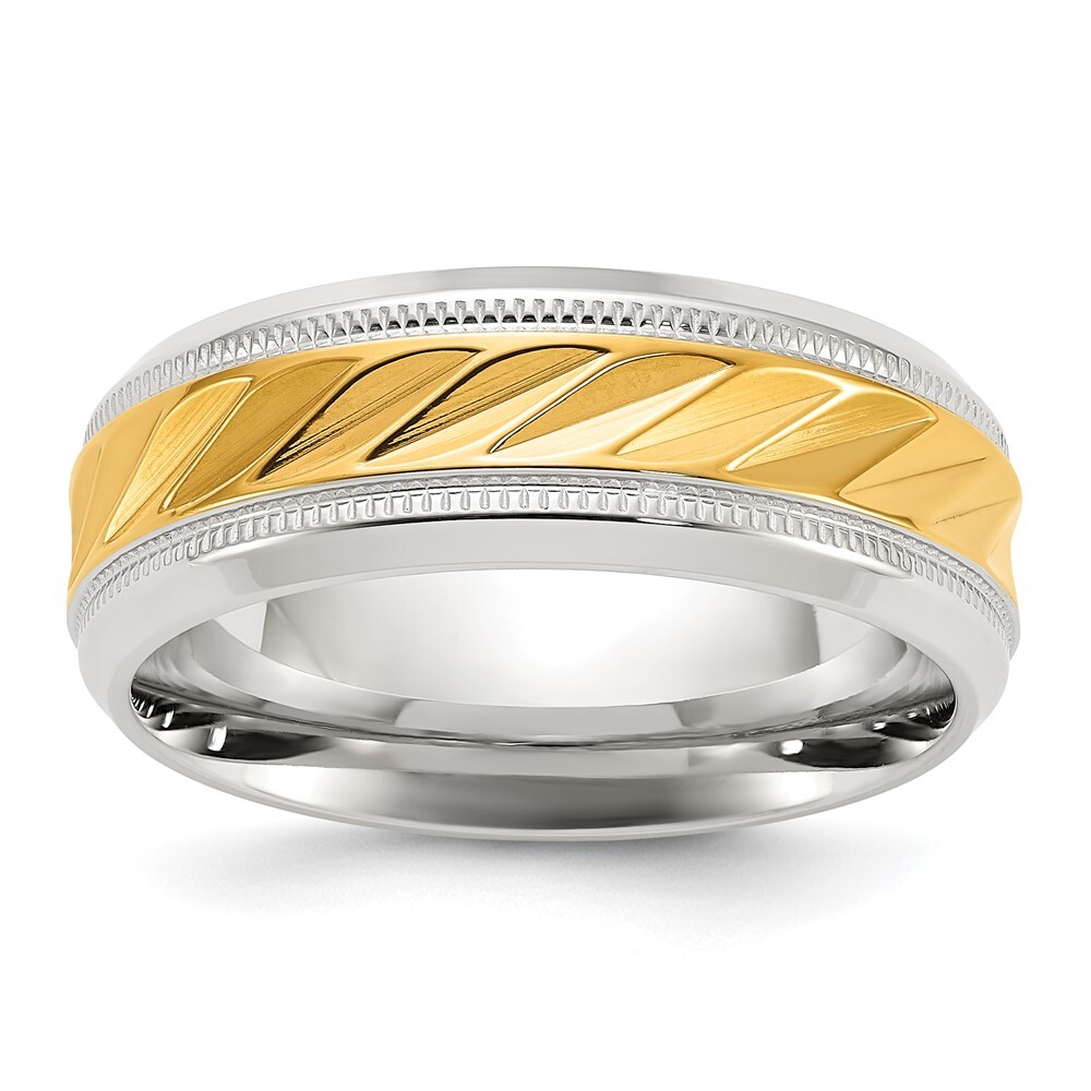Titanium Polished with Yellow IP-plated Grooved Center 8mm Band Ring Size 8