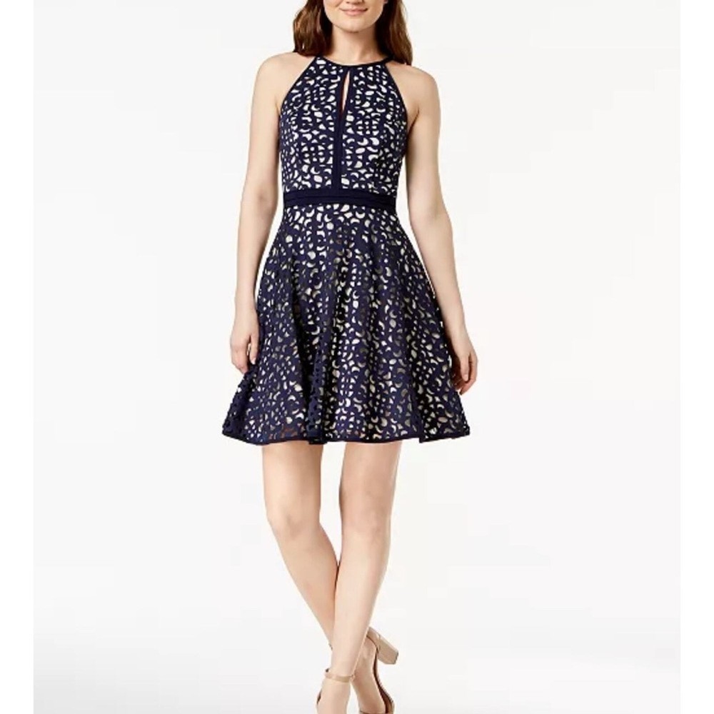 XSCAPE Women's Laser Cut Halter A-Line Fit & Flare Dress Navy Size 14