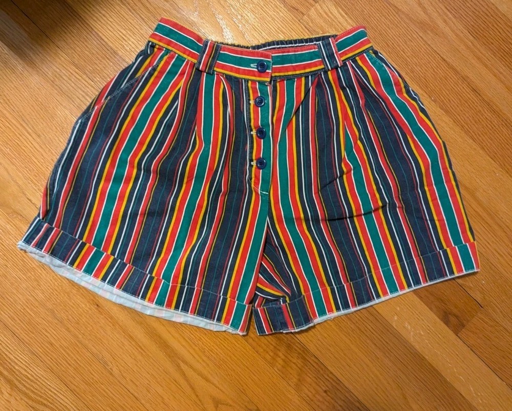 Vintage 80/90s Colorful Cuffed Striped High Rise Mom Shorts Rainbow Womens 42/44